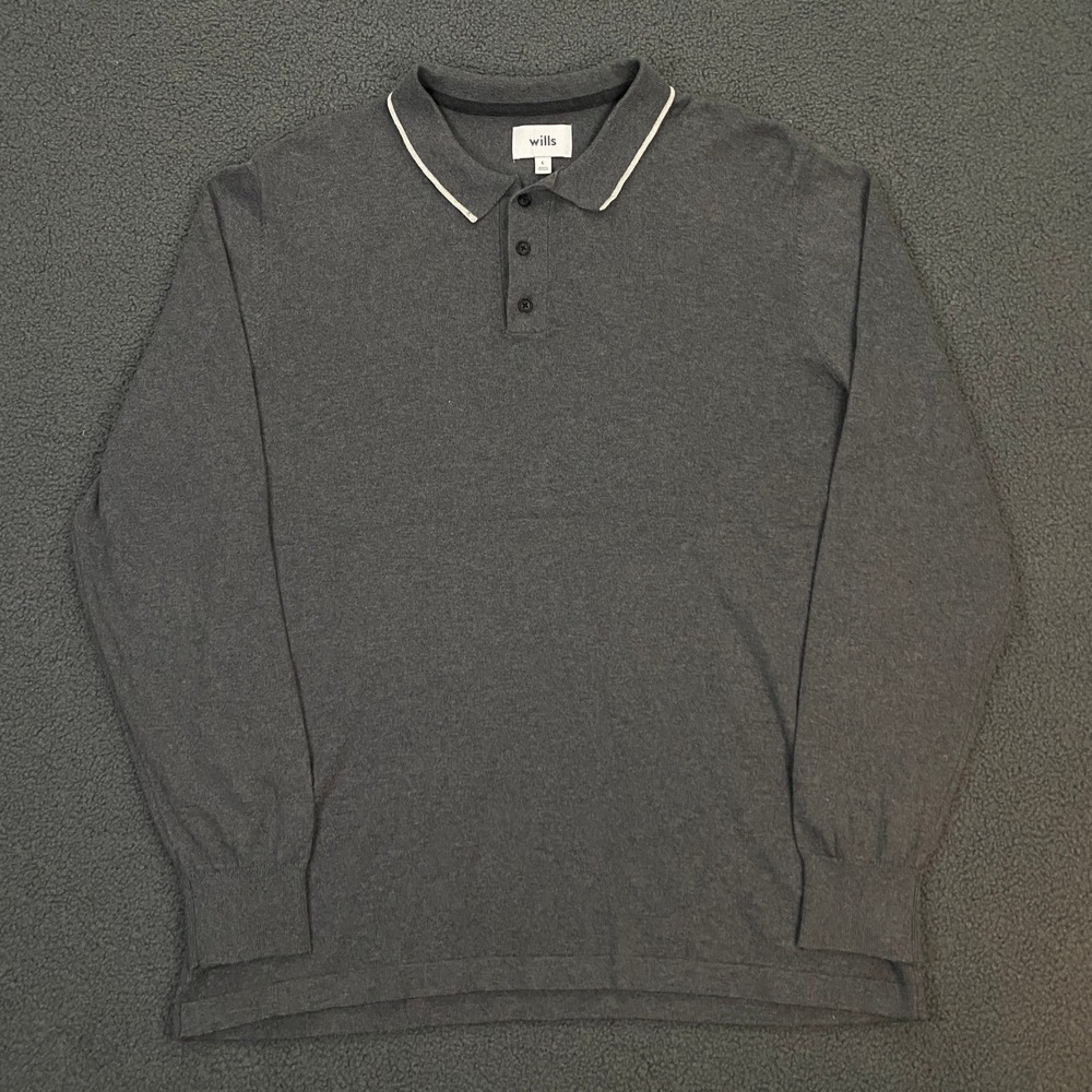 Wills Polo Sweater Mens Large Gray Cotton Cashmere Knit Tipped Soft Huckberry